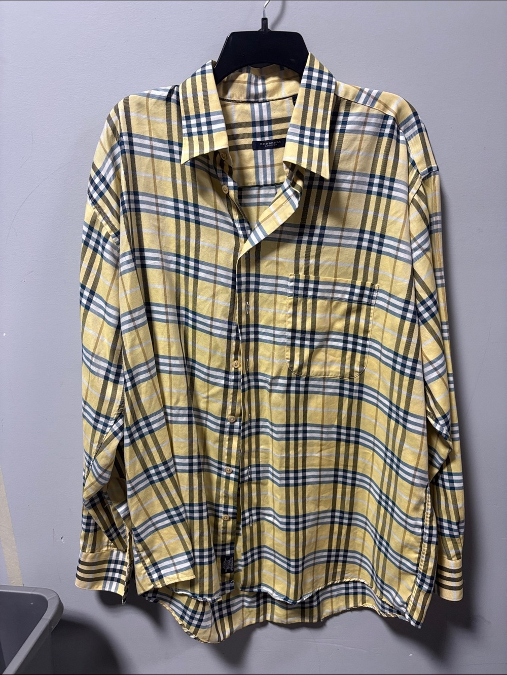 Burberry Yellow and Navy Plaid Button-Down Shirt